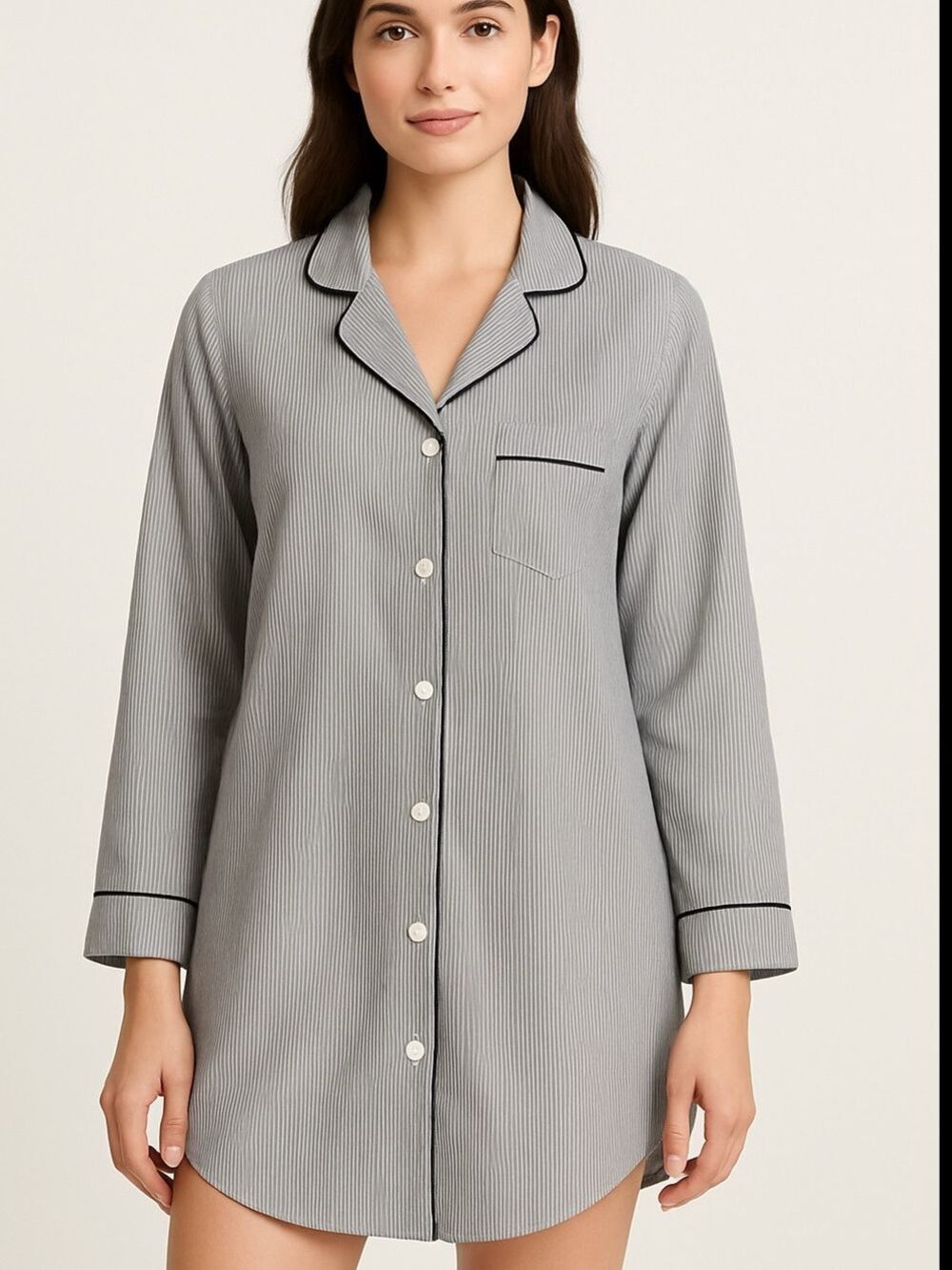 Lord & Taylor button up Pinstripe sleep Shirt nightshirt cotton white grey sz XL